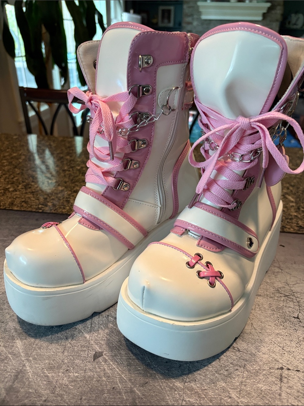 White & Pink Platform Lace-Up Women’s Boots Goth